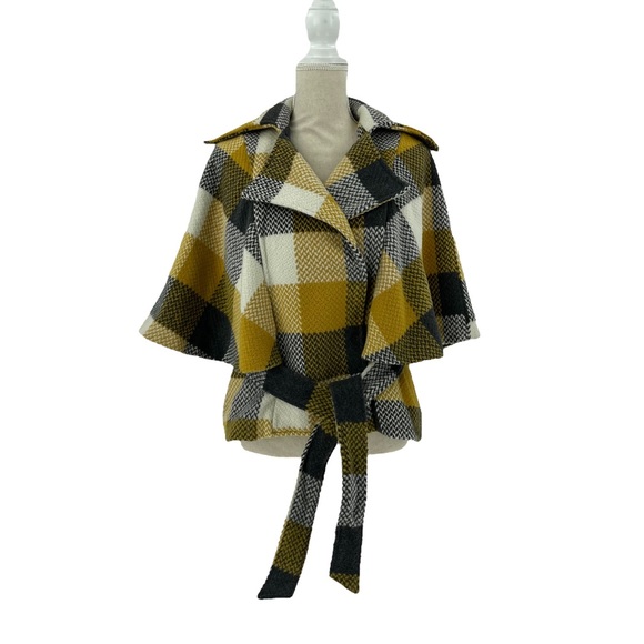 Cartonnier Jackets & Blazers - Cartonnier Anthropologie Yellow Check Plaid Cape Coat Wool Blend Size Large